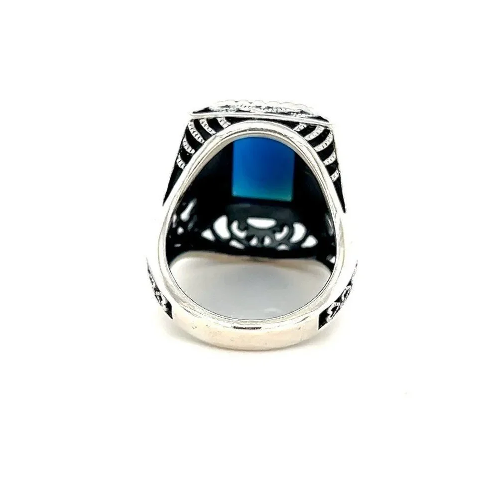 Large Sterling Silver 925‎ Blue Stone/Marcasite Ring